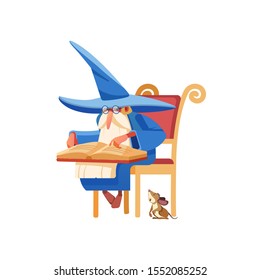 Wizard reading a spell book. Old medieval magician character studying an old book on a chair. The alchemist sits next to a faithful friend mouse. Fantasy magician, warlock, sorcerer. Cartoon vector