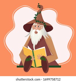 Wizard reads his magic book. Sorcerer in hat casts a spell. Old man with grey hair and beard storytelling fairytale. Male in costume for Halloween. 