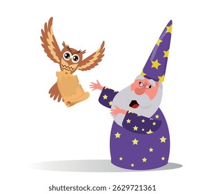 wizard receiving papyrus or magic letter from an owl, magic characters, vector illustration.