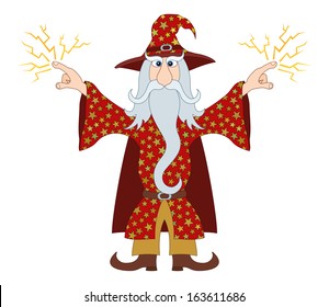 Wizard in red starred costume standing with hands up and launches lightning, cartoon character. Vector