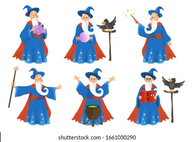 Wizard In Robe Spelling Vector Cartoon Characters. Vector Illustration 