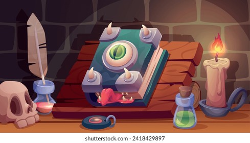 Sala de asistente. Tabla con libro de hechizos y material mágico fondo exacto de fantasía vectorial en estilo de dibujos animados