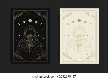 Wizard and rose in the night sky in engraving, luxurious, esoteric, boho style. Suitable for spiritualists, psychics, tarot, fortune tellers, astrologers and tattoo