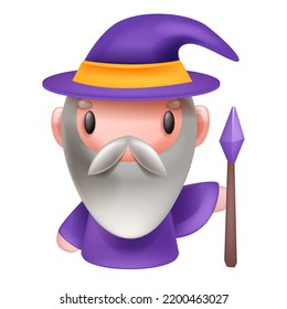 Wizard RPG game vector character logo, wise Merlin icon, bearded old warlock, cute cartoon 3D mascot. Medieval sorcerer, big hat, magic staff, Halloween fantasy badge. Mysterious wizard character