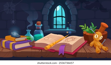 Wizard s table featuring a magic book, potions, a wand, herbs, and a voodoo doll. Vector illustration
