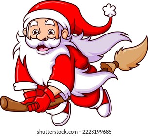 The wizard santa claus is driving the magic broom and flying in the christmas night of illustration