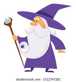 Wizard with scepter, magician and sorcerer, warlock man in robe and magic stick, isolated character vector. Magic medieval spelling, merlin. Male witchcraft, hat and mantle, mystery and spell