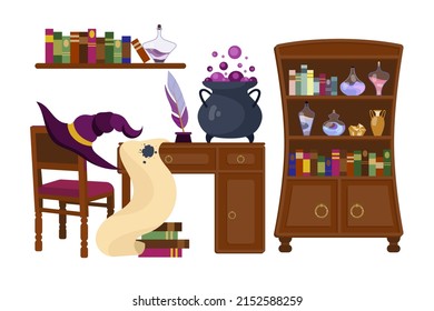 Wizard school interior cartoon illustration set. Table with cauldron or pot of bubbling potion, papyrus with blot on it. Witch hat hanging on chair. Halloween, fairy tale, magic, old library concept