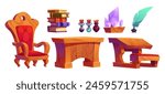 Wizard school old book and potion cartoon vector. Laboratory study room with chair, desk, mystery staff and alchemy flask. Medieval castle classroom furniture set for magician wizardry university