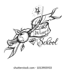 Wizard school. Outline vector illustration isolated on white background for Halloween, mobile applications, games.