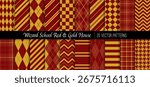 Wizard School Scarlet Red and Gold House Vector Patterns. Preppy Argyle, Stripes, Checks, Tartan Plaid and Harlequin. Repeating Pattern Tile Swatches Incl.