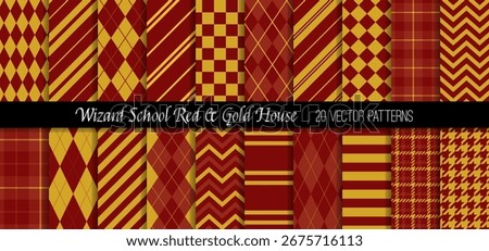 Wizard School Scarlet Red and Gold House Vector Patterns. Preppy Argyle, Stripes, Checks, Tartan Plaid and Harlequin. Repeating Pattern Tile Swatches Incl.