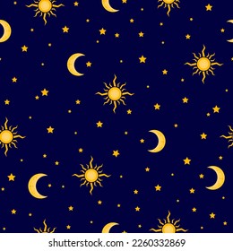 wizard seamless pattern, magic background, night sky backdrop. sun, moon, crescent, stars design. good for fabric, fashion, sleep wear, textile, pajama, wallpaper.