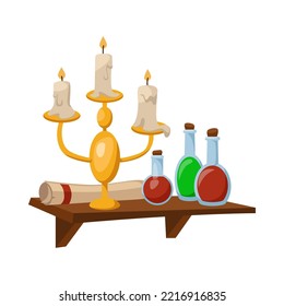 Wizard shelf with candles and potions vector illustration. Cute objects for wizard school. Magic, fairy tale, Halloween concept