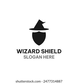 Wizard Schild Logo Vorlage im flachen Stil. Hexenhut und Schild Vektorillustration