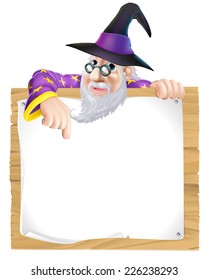 Wizard sign illustration, a cartoon wizard character pointing at a sign with copy-space