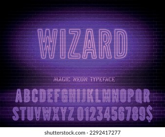Wizard sign with purple neon narrow bold alphabet on dark brick wall background. Vector illustration