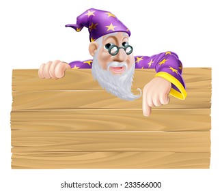 Wizard signboard cartoon illustration of a wizard pointing down at a wooden sign