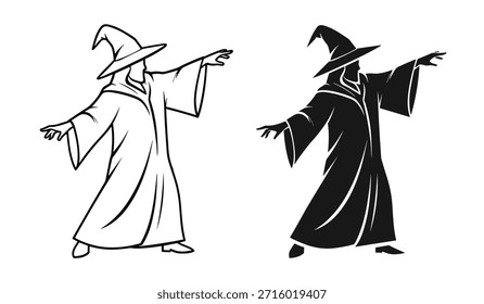 Wizard Silhueta e Outline Drawing in Action Poses Palavras-chave assistente, mágico, feiticeiro, mágico