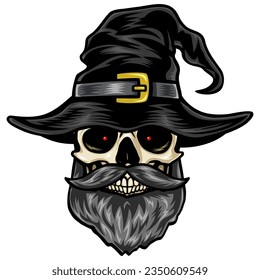 Wizard Skull Bearded Dead Witch Sorcerer Vector Cartoon Illustration