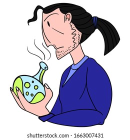 Wizard sniffing a flask with a potion. Color cartoon character of an alchemist or wizard. A black-haired stylized man with a bottle in his hands. An evil sorcerer creating a drug. Vector character.