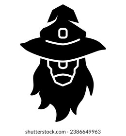 Wizard solid icon, Halloween concept, head of wizard or sorcerer sign on white background, person with beard in hat icon in glyph style for mobile concept and web design. Vector graphics