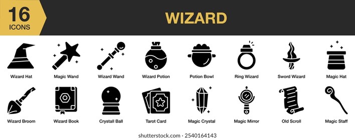 Wizard solid icon set. Includes old scroll, potion bowl, ring wizard, tarot, broom, and More. Solid icons vector collection.