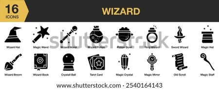 Wizard solid icon set. Includes old scroll, potion bowl, ring wizard, tarot, broom, and More. Solid icons vector collection.