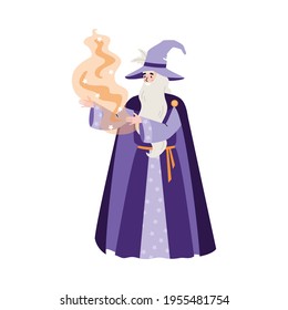 Mago o hechicero casts con pólvora mágica, ilustración plana vectorial aislada.