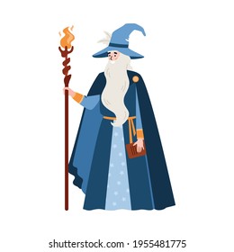 Wizard or sorcerer with magic staff or wand flat vector illustration isolated.