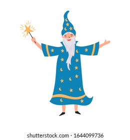 Wizard sorcerer with a magic wand. Fairytale character hand-drawn design. Vector editable illustration