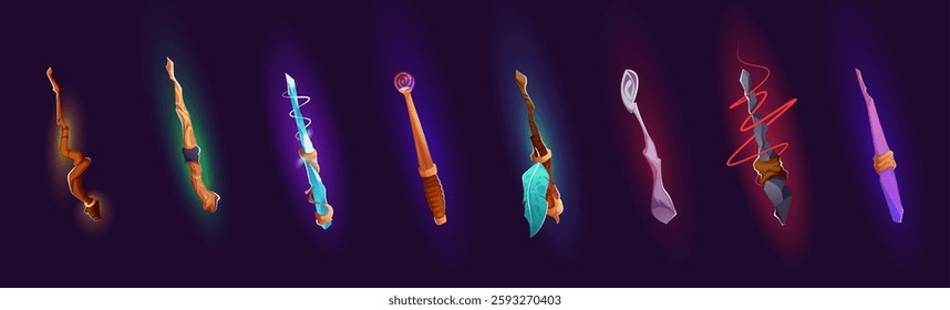 Wizard sorcerer magic wands collection, cartoon witch sticks with glowing effect. Vector isolated set of wooden and metal twisted rods. Fantasy game assets, magician fairy tale staff