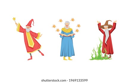 Wizard or Sorcerer as Wise Old Man with White Beard and Pointed Hat Performing Magic Vector Set