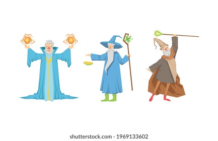 Wizard or Sorcerer as Wise Old Man with White Beard and Pointed Hat Performing Magic Vector Set