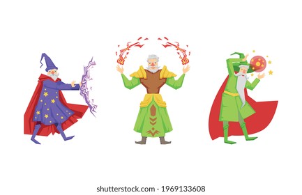Wizard or Sorcerer as Wise Old Man with White Beard and Pointed Hat Performing Magic Vector Set