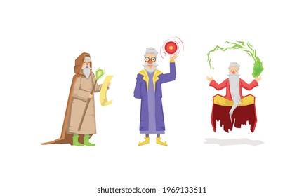 Wizard or Sorcerer as Wise Old Man with White Beard Performing Magic Vector Set