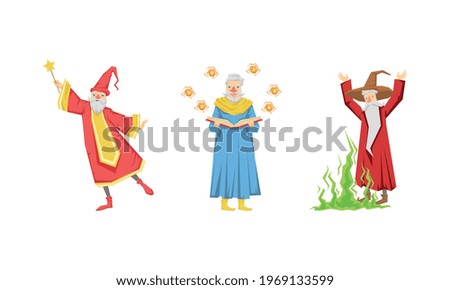 Wizard or Sorcerer as Wise Old Man with White Beard and Pointed Hat Performing Magic Vector Set