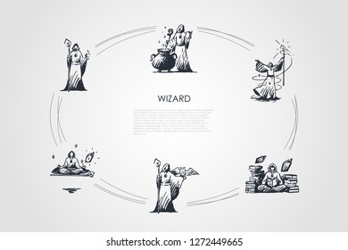 Wizard - wizard in special costume cooking potion in cauldron, standing with magic wand and with owl on hand, meditating, moving objects in space, taking off into air vector concept set.