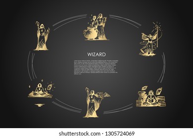 Wizard - wizard in special costume cooking potion in cauldron, standing with magic wand and with owl on hand, meditating, moving objects in space, taking off into air vector concept set.