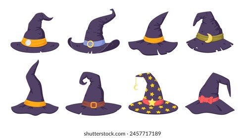 Wizard spooky hats. Halloween witch hats, Halloween party costume elements flat vector illustrations set. Cartoon witchcraft hats collection