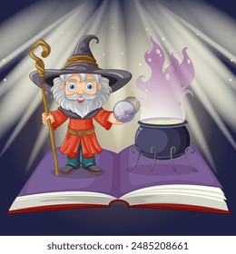 Wizard with staff and cauldron on open book