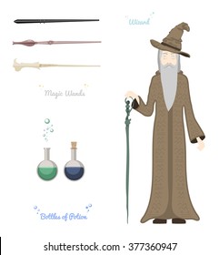 Wizard with staff and magical things / potion bottles, magic wands / vector illustration with sorcer