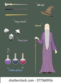 Wizard with staff and magical things / potion bottles, wands, philosopher's stone / vector illustration with soccer