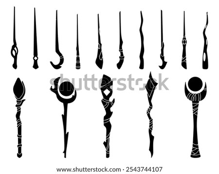 Wizard staffs black silhouettes. Witch magic wands, sorcerer illusionist magician accessories and equipment. Fantasy miracle elements nowaday vector set