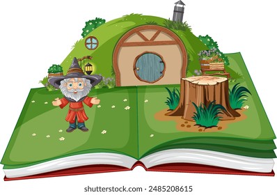 Wizard standing by a hobbit house
