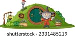 Wizard standing in front of hobbit house illustration