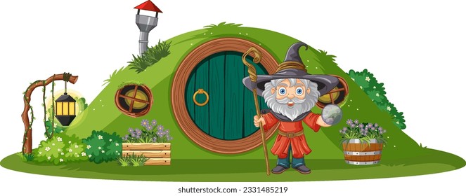 Wizard standing in front of hobbit house illustration svg