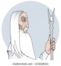 Wizard with stick. Hand drawn vector illustration.
