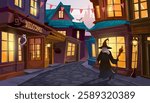 A wizard strolls through a magical village. Enchanted valley cartoon vector illustration with mysterious atmosphere and buildings, broom, owl, stores. Whimsical scene for book, game, Halloween etc.