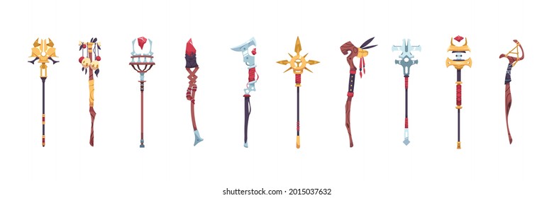 Wizard Stuff. Cartoon Magic Staves Of Natural Elements With Stones. Metal And Wooden Magical Weapon For Game UI. Shaman Or Magician Sticks Collection. Vector Enchanter Equipment Set